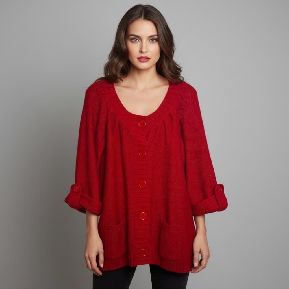 Carolyn Taylor Woman Red Knit 3/4 Sleeve Chunky Button Cardigan Size 16-18W